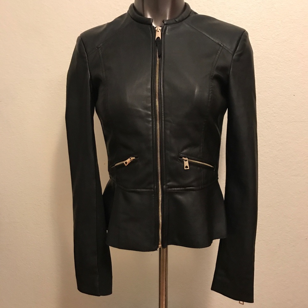 Zara Black Leather Peplum Faux Jacket Size M